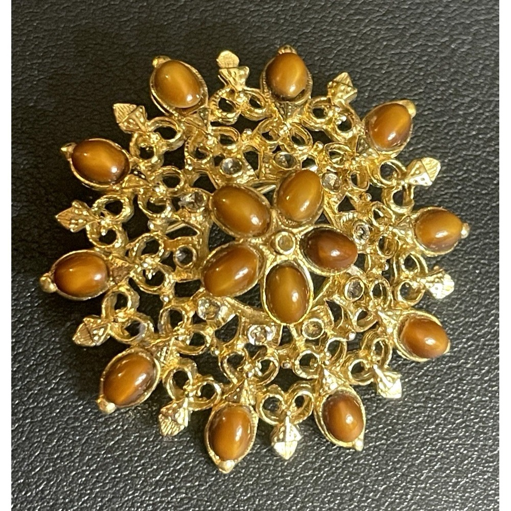 Vintage Gold Tone‎ Filigree Brooch Brown Gold Tone Dimensional Fall Jewelry Pin